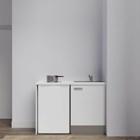 Kitchenette K08L-PT - 120 cm avec plan de travail et évier - emplacement frigo Façade Blanc - Plan Blanc - Evier Gris