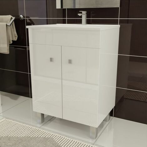 Cuisibane – Meuble salle de bain sur pieds avec vasque simple 60 cm – 2 portes – Caisson monté – Matériau céramique blanc brillant – Profondeur 45 cm (1/5)