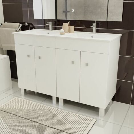 Cuisibane – Meuble sous vasque double 120 cm – Plan double vasque en céramique blanc brillant – 4 portes avec rangements – Caissons livrés montés