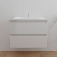 Cuisibane – Meuble salle de bain 70 cm avec vasque simple en résine – Caisson MDF laqué blanc – 2 tiroirs avec amortisseurs intégrés