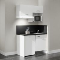 Kitchenette K02L-PT - 120 cm avec plan de travail et évier - emplacements frigo, hotte et micro-ondes - Façade Blanc - Plan Noir texturé - Evier Inox - Crédences Oui