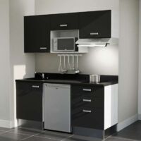 Kitchenette K20L - 180 cm - emplacements frigo, micro-ondes et hotte-Noir-Nero-évier à gauche
