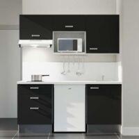 Kitchenette K20L-PT - 180 cm avec plan de travail et évier - Façade Noir - Plan Blanc - Crédences Oui