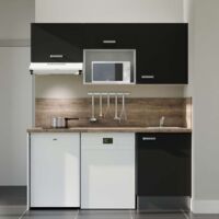 Kitchenette K55L-PT - 180 cm avec plan de travail et évier - Façade Noir - Plan Bois - Evier Inox - Crédences Oui