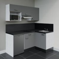 Kitchenette d'angle KA03L-PT électroménager inclus - Façade Gris - Plan Noir texturé - Evier Inox - Crédences Oui + Electroménager inclus coloris Inox