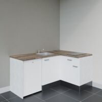 Kitchenette d'angle KA01L-PT électroménager inclus - Façade Blanc - Plan Bois - Evier Inox - Crédences Non + Electroménager inclus coloris Blanc