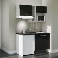 Kitchenette K13L-PT - 140 cm - plan stratifié, évier inox, - Façade Noir - Plan Noir texturé - Evier Inox - Crédences Non + Electroménager inclus coloris Blanc