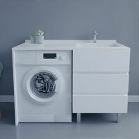 Meuble lave-linge KORA 124 cm vasque déportée à droite - Blanc brillant