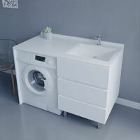 Meuble lave-linge KORA 124 cm vasque déportée à droite - Blanc brillant