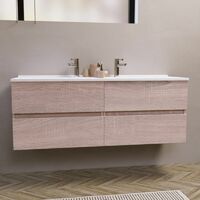 Cuisibane – Meuble double vasque suspendu 140 cm – 4 tiroirs avec sortie totale – Vasque en résine – Fixations murales incluses