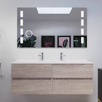 Cuisibane – Meuble double vasque 140 cm suspendu – Miroir LED avec zoom x5 – 4 tiroirs avec amortisseurs – Plan vasque en résine blanc brillant