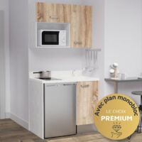 Cuisibane – Kitchenette 100 cm avec évier intégré à droite – Emplacements frigo top et micro-ondes – PlaniQuartz durable – Pour espaces réduits
