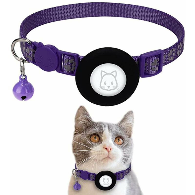 Airtag reflectante Cat Collar Breakaway con soporte para GPS, hebilla de seguridad y campana para Cat Kitten Puppy_ (costbuy) - Púrpura