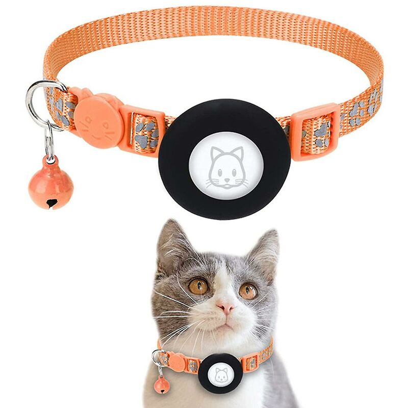 Airtag reflectante Cat Collar Breakaway con soporte para GPS, hebilla de seguridad y campana para Cat Kitten Puppy_ (costbuy) - Naranja