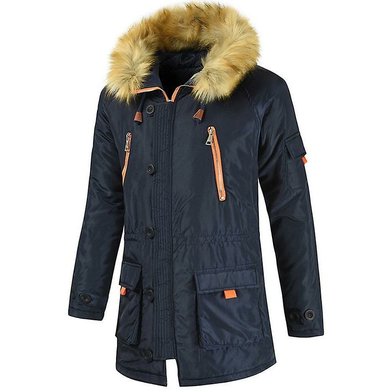 Parka acolchada para hombre, abrigo, abrigo de invierno cálido con capucha de piel sintética, azul marino 2XL-dontodent