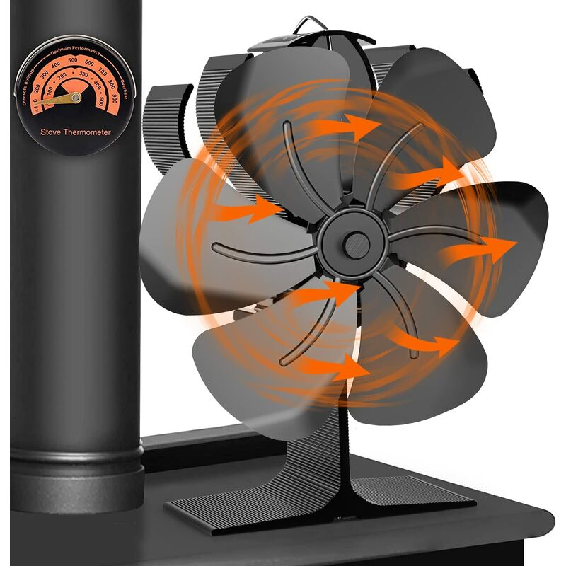 Ventilador de estufa de leña, ventilador de chimenea con calor de 6 aspas Ventilador de chimenea con termómetro de estufa para estufa de leña, chimenea, gas, troncos, estufa de pellets