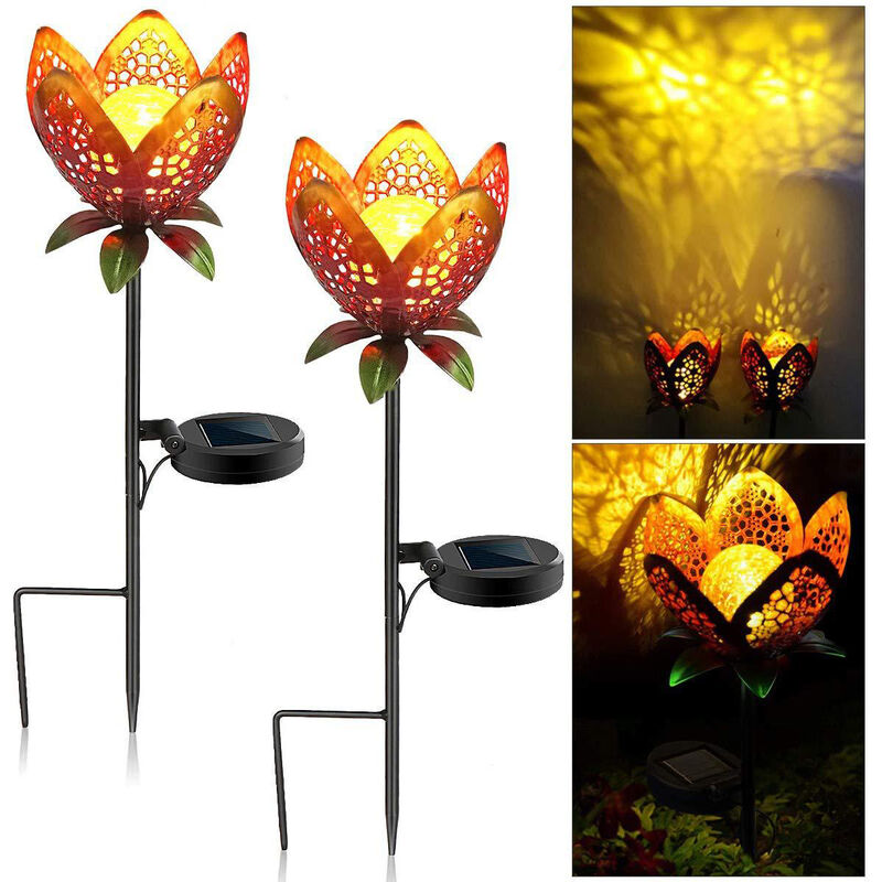 Luces solares, 2 piezas Lámpara decorativa de camino al aire libre Luces solares Luces de paisaje Sendero impermeable Jardín Césped Lámparas Bonito diseño de flores (Flores huecas 2 PCS)