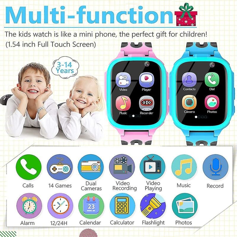 Relojes inteligentes para niños para niñas y niños, Smartwatch para niños con llamada 14 Juegos Cámaras duales Alarma Reproductor de música Flashlig