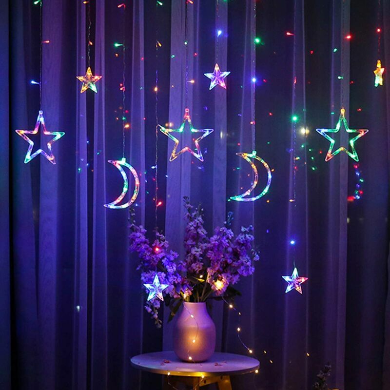 3.5m Luces de cortina de estrella de luna, Luces de cortina de estrella Luz de cortina Guirnalda LED Lámpara decorativa Luces de cadena Guirnalda de Navidad Luz LED Estrella de luna para decoración de cortina thsinde