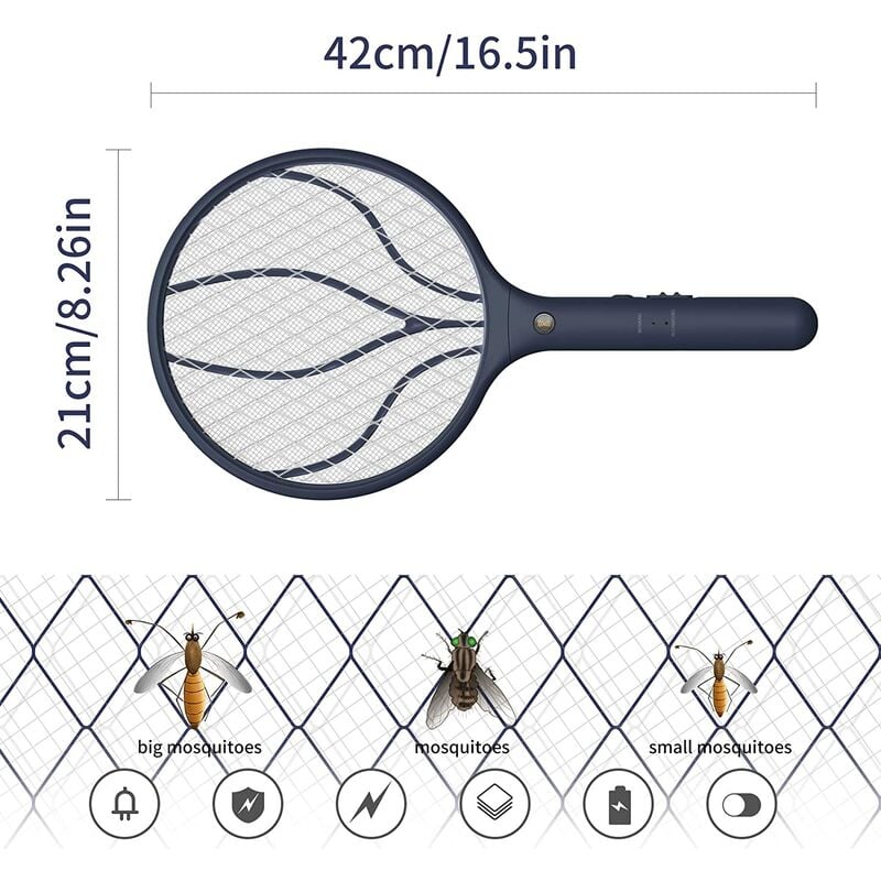 Matamoscas eléctrico para insectos, matamoscas eléctrico de 3000 V, matamoscas eléctrico recargable, con malla protectora de 3 capas de luz LED, eficaz contra moscas de insectos