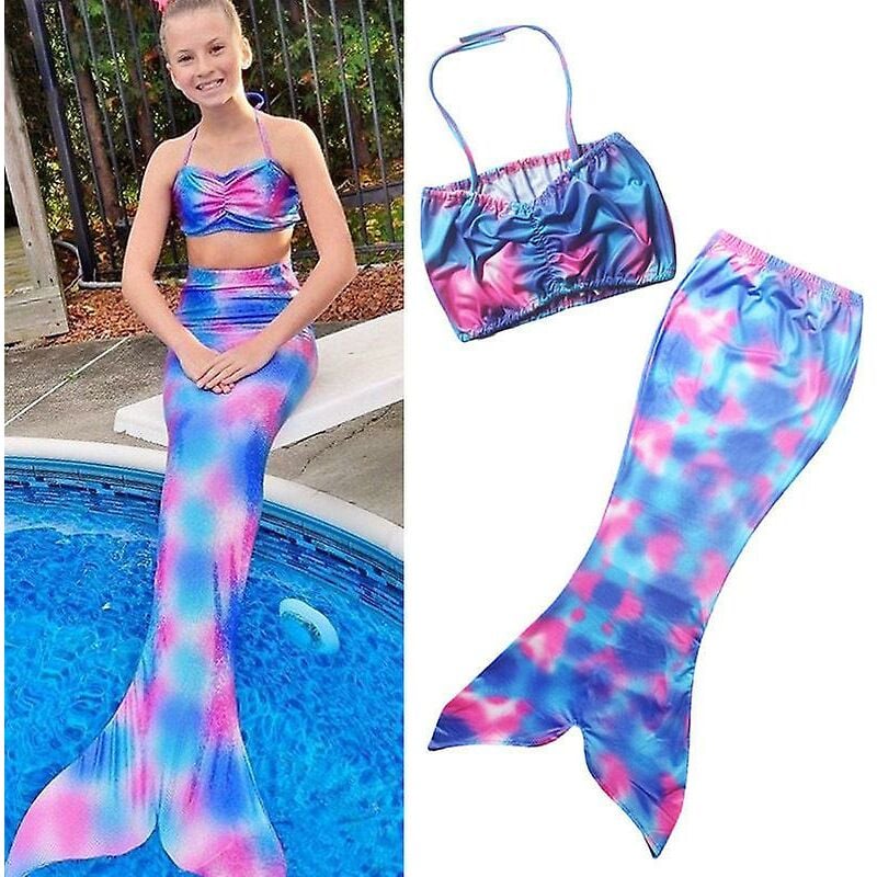 Conjunto de Bikini con cola de sirena para niña, ropa de playa, traje de baño, azul, rosa, 5-6 años