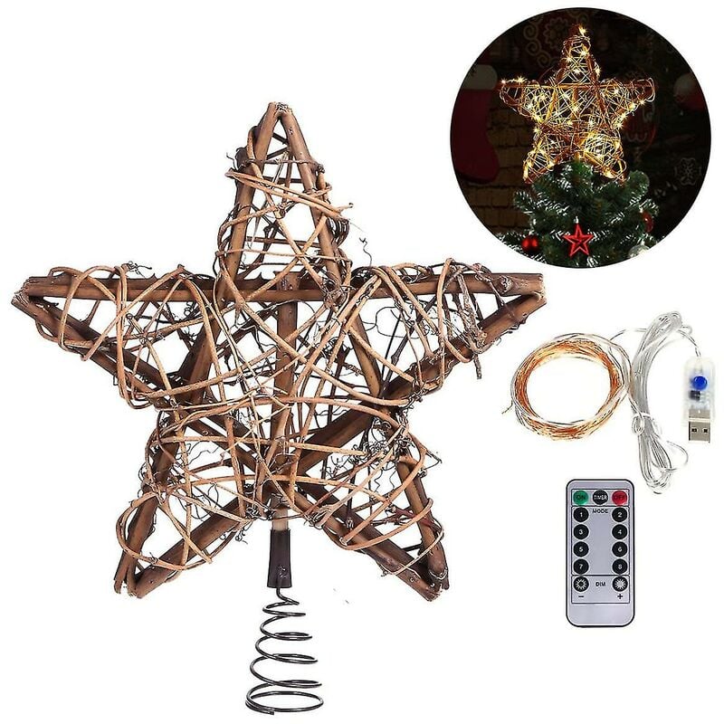 Adorno para árbol de estrellas de Navidad con 30 luces LED de cobre blanco cálido, adornos navideños naturales de ratán vintage para árbol de Navidad, mesa, chimenea, etc.