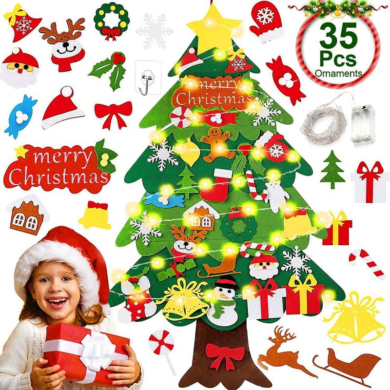 Árbol de Navidad de fieltro 3.6 pies Decoración de árbol de Navidad de fieltro con 30 luces LED 33 Adornos desmontables Árbol de Navidad de fieltro DIY Niños Árboles de Navidad Decoración Ventana Puer