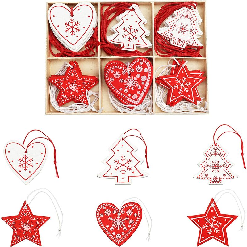 BELLE Vous Perchas de madera para árboles de Navidad (30 uds) - Decoración del árbol de Navidad 6 modelos x 5 uds Corazón, árbol y estrella blancos y rojos con hilo rojo en caja de almacenamiento thsin