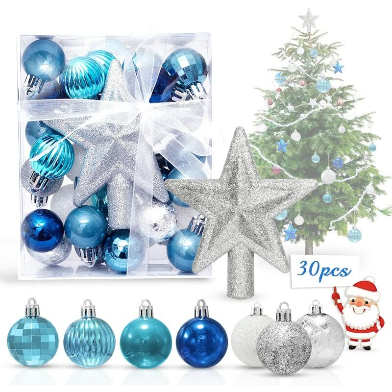 Adornos navideños azules y blancos, 30 piezas Adornos navideños, Adornos navideños de plástico, Juego de adornos navideños, para decorar el árbol de Navidad Bolas de árbol de Navidad con purpurina, 3 cm de grosor