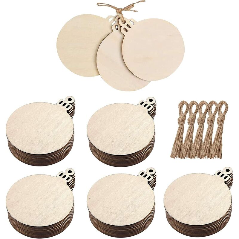 50 piezas de bolas de Navidad redondas de madera con madera perforada, cordel de yute, bolas de Navidad redondas de madera, adornos y manualidades, regalos de bricolaje