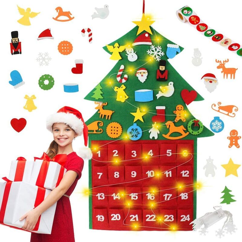 árbol de Navidad de Fieltro con calendario de Adviento, árbol de 2.9ft con 24 Piezas de Adornos Desmontables Año Nuevo Decoración para niños thsinde