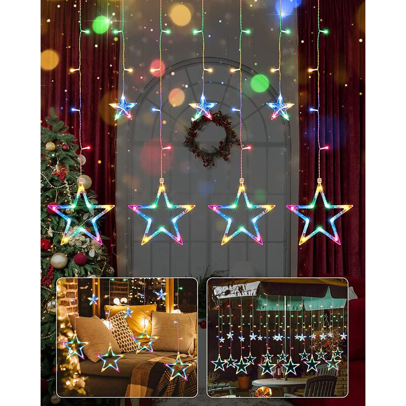 Luz de cortina de estrella, 12 estrellas 138 luces de cadena de ventana LED con 8 modos intermitentes Decoración para Navidad, boda, fiesta, hogar, dormitorio (multicolor) Thsinde