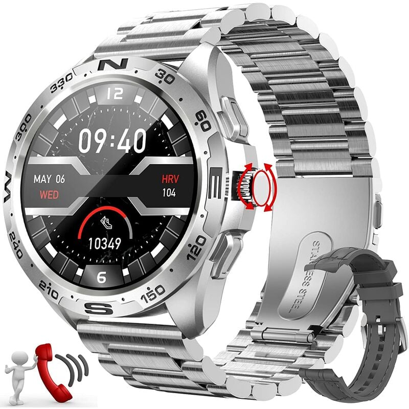 Reloj inteligente para hombre con llamada, reloj deportivo para hombre y mujer con pulsera de metal, monitor de frecuencia cardíaca de muñeca, cronómetro deportivo con podómetro para Android iOS 46 mm redondo (plata) Thsinde