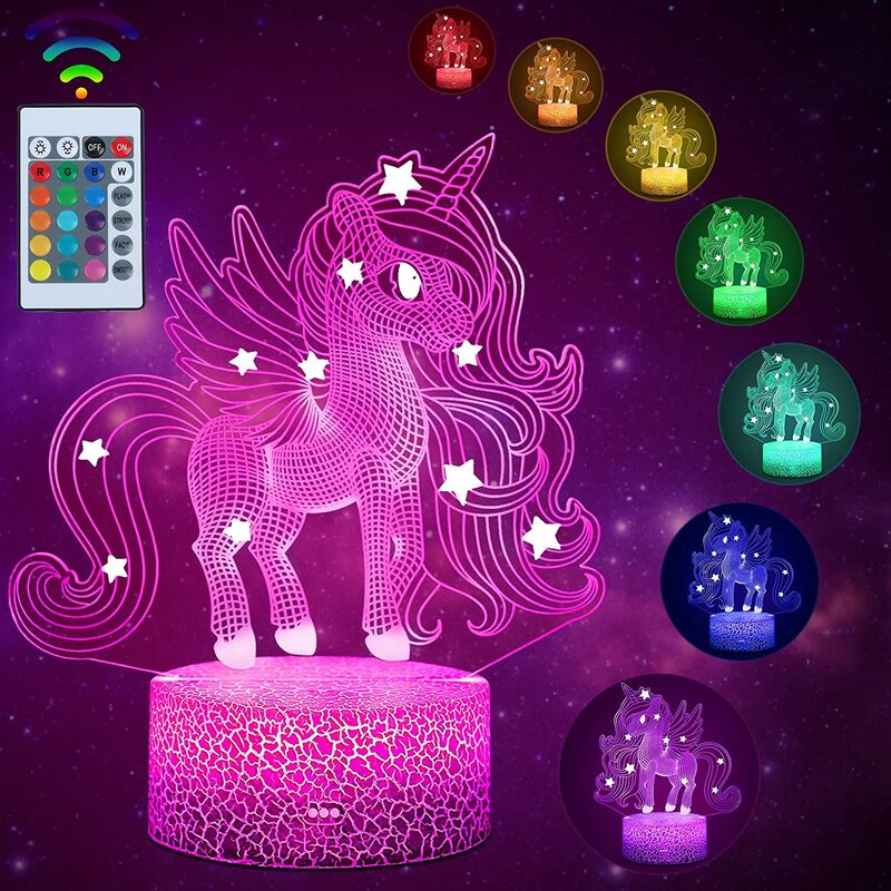 Luz de noche de unicornio para niños, lámpara 3D, para regalos, cumpleaños, festival, dormitorio, lámpara de decoración, idea de regalo de cumpleaños para niños