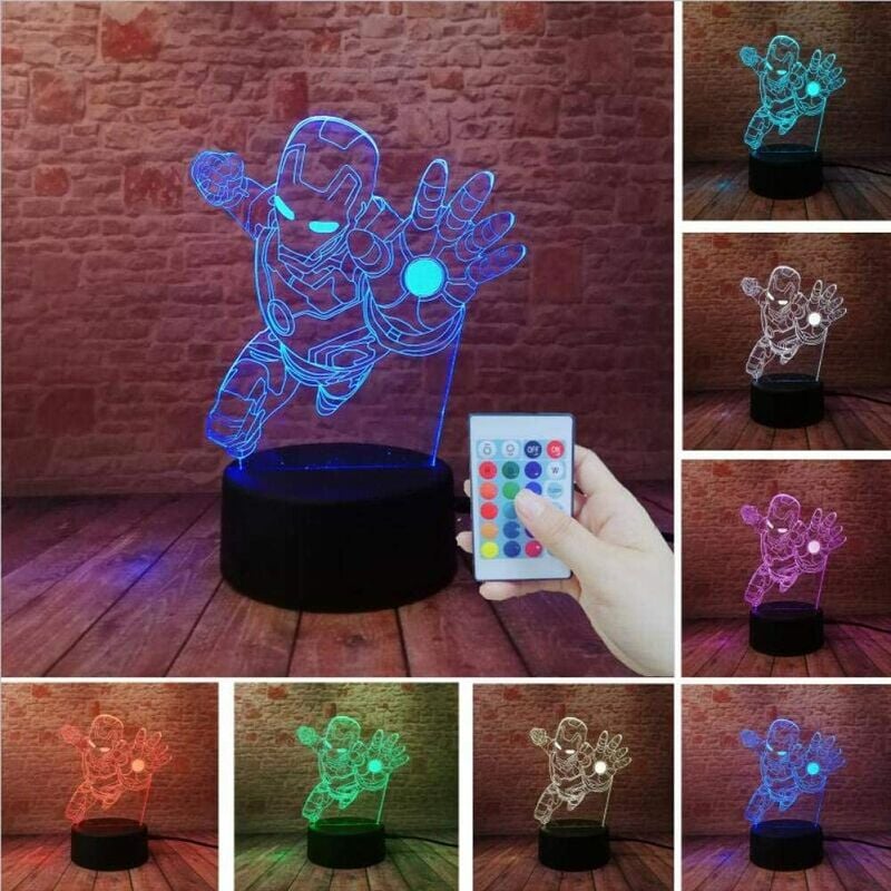 Novedad Vengadores Figura de superhéroe de dibujos animados Spiderman Iron Man 3D Lámpara de mesa Estado de ánimo Luz nocturna Led Usb Regalo para niños Controlador de juguetes 7 colores Usb recargable Niños Niñas Dados thsinde