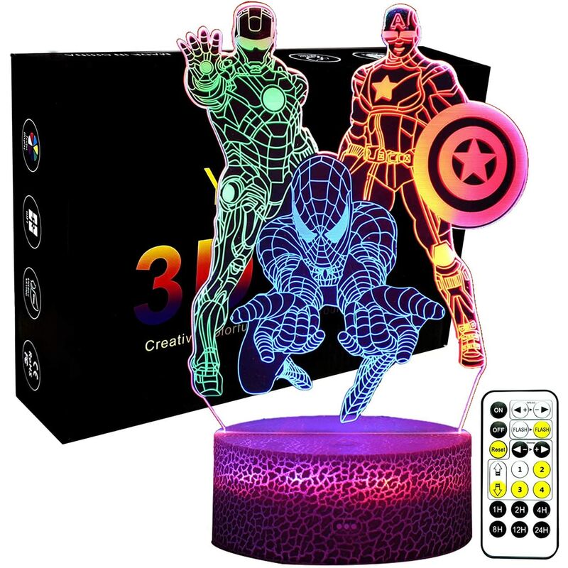 Luz nocturna 3D de superhéroe para niños Luz nocturna de ilusión 3D, luz de control remoto óptico de 3 colores y lámpara Art Deco, lámpara de mesa de mesita de noche LED, juguete infantil Regalo de cumpleaños de Navidad thsinde