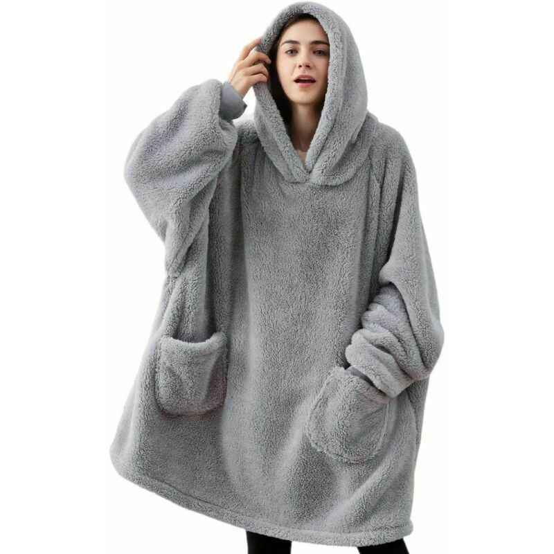 Manta De Lana A Cuadros Para Adultos Con Manga Mujer Hombre Manta Con Capucha Con Bolsillos Portátiles En La Manga, Manta De Jersey A Cuadros Sofá TV Invierno, 95x85 Cm Gris THSINDE