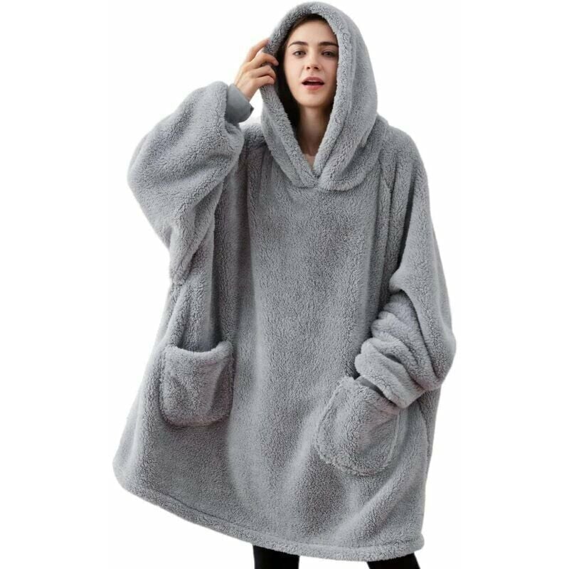 Manta con capucha de forro polar a cuadros para adultos con manga para mujer y hombre Manta con capucha con bolsillos portátiles en la manga, manta de jersey a cuadros sofá TV invierno, 95x85 cm gris