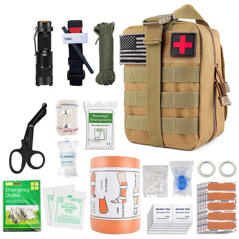 Kit de primeros auxilios militar táctico completo Montaje en FRANCIA Normas CE + kit pequeño + correa para el hombro + tirador de garrapatas + pulsera de supervivencia - Diseñado para caminatas, viajes, airsoft
