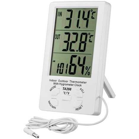 Thermomètre Intérieur Extérieur, Thermomètre Hygromètre Digital, LCD Thermo-hygromètre avec Horloge, Min/Max Records, °C/°F Commutateur, Moniteur de Température et d'humidité