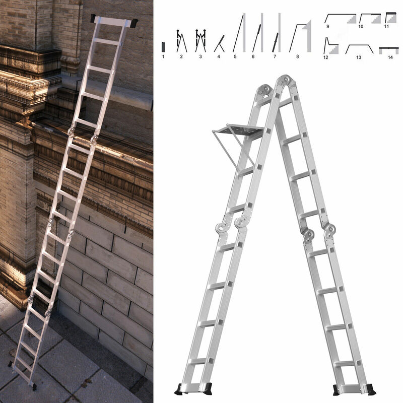 4.7M Aluminium 14 in1 Folding Ladder Multi Position Purpose Platform 4x4  Steps