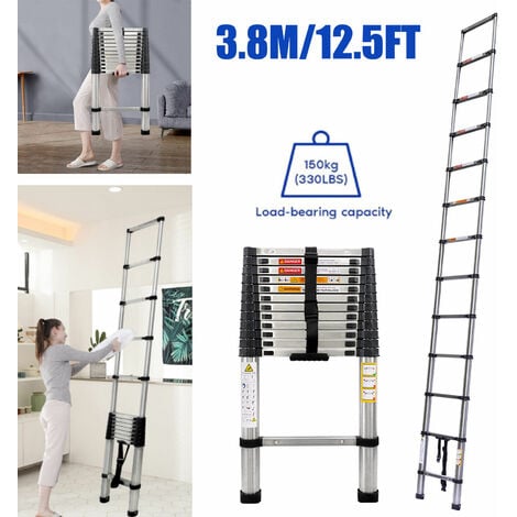 12.5FT/3.8M Portable Telescopic Extension Ladder Folding Step Multi-Use  Non-Slip Ladders