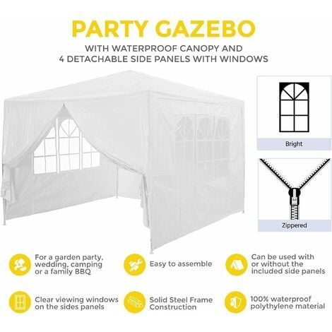 DayPlus Garden Gazebo with Sides 3M x 3M Outdoor Garden Shelter with Detachable Sides Waterproof Beach Party Festival Camping Tent Canopy Wedding Marquee Awning Shade - White