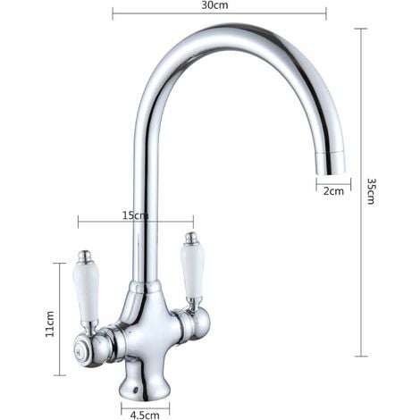 Modern Kitchen Mixer Tap with White Ceramic Dual Lever 360 Degree Monobloc Swivel Spout Brass Body Chrome Finished Kitchen Sink Taps with 2 Hoses and UK Standard Fittings