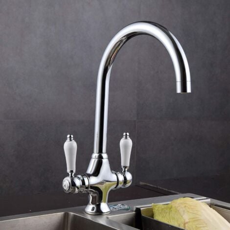 Modern Kitchen Mixer Tap with White Ceramic Dual Lever 360 Degree Monobloc Swivel Spout Brass Body Chrome Finished Kitchen Sink Taps with 2 Hoses and UK Standard Fittings