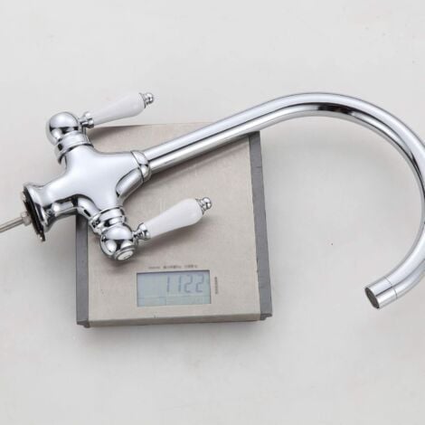 Modern Kitchen Mixer Tap with White Ceramic Dual Lever 360 Degree Monobloc Swivel Spout Brass Body Chrome Finished Kitchen Sink Taps with 2 Hoses and UK Standard Fittings