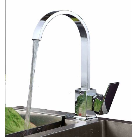 Kitchen Sink Taps Mixers Square Single Lever Monobloc Chrome Brass Waterfall Flat Spout Modern Swivel Square Flat Spout with Hoses and Fittings