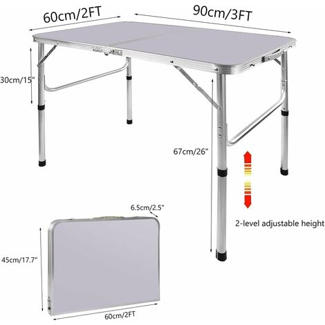 90CM Portable Aluminum Folding Table Party Garden BBQ Camping Table, 2 Gear Adjustable Height Lightweight Aluminum Foldable Table for Outdoor Picnic Cooking, White, Unfolding Size: 90x67/37CM