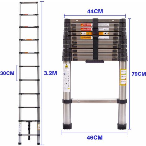 3.2M Telescopic Ladder Stainless Steel Ladders Multi-Purpose Attic Ladder Extendable Step Ladder Straight Ladder, Lightweight Pull-Out Ladder, 150kg Load Capacity
