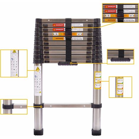 3.2M Telescopic Ladder Stainless Steel Ladders Multi-Purpose Attic Ladder Extendable Step Ladder Straight Ladder, Lightweight Pull-Out Ladder, 150kg Load Capacity